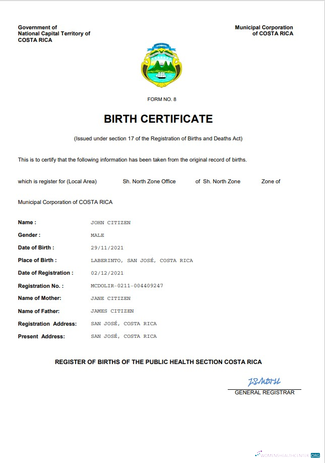 Download Costa Rica birth certificate Word and PDF template Photoshop template